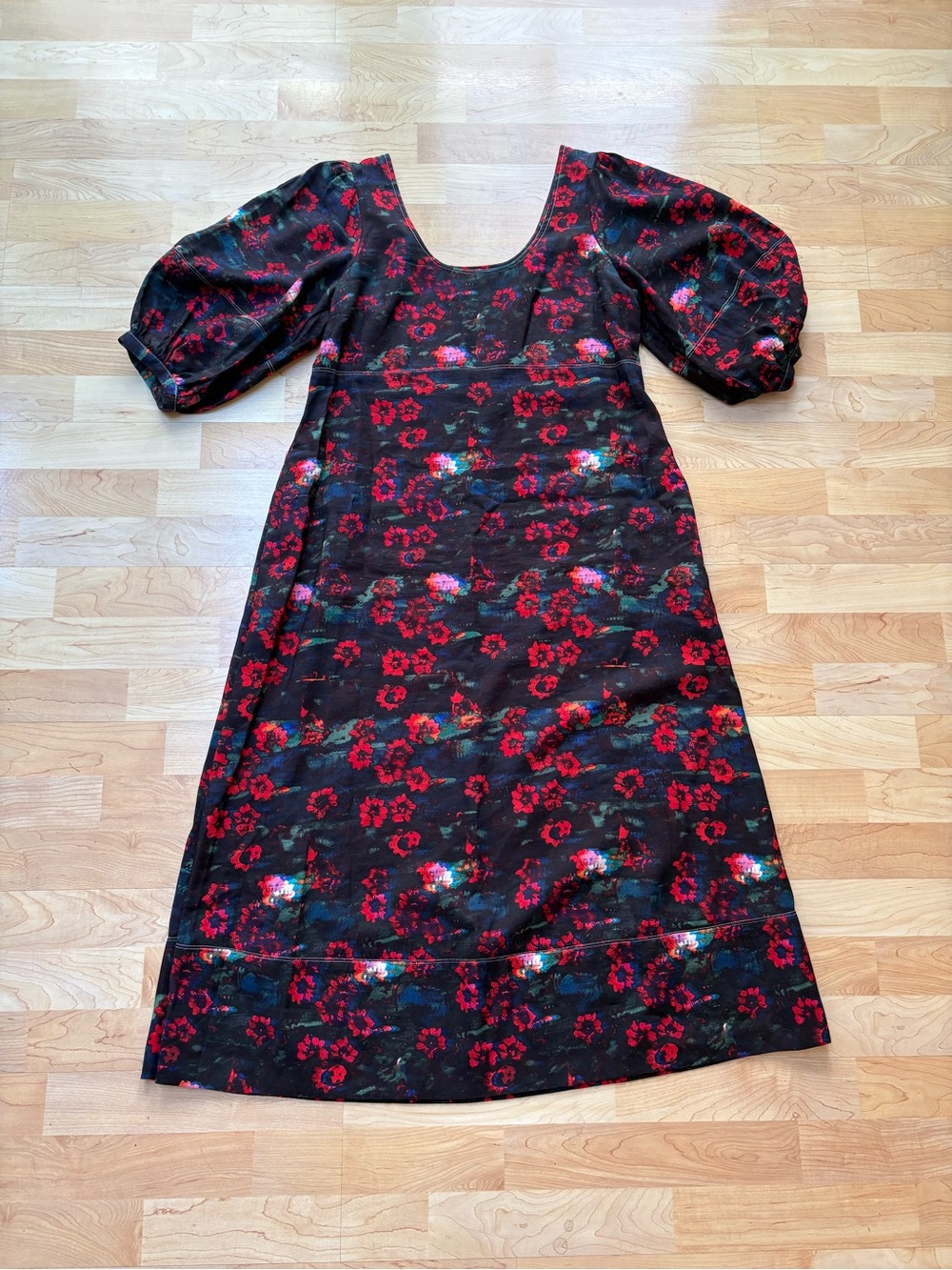 Rachel Comey Black Dress with Red Floral Print and Puff Sleeves